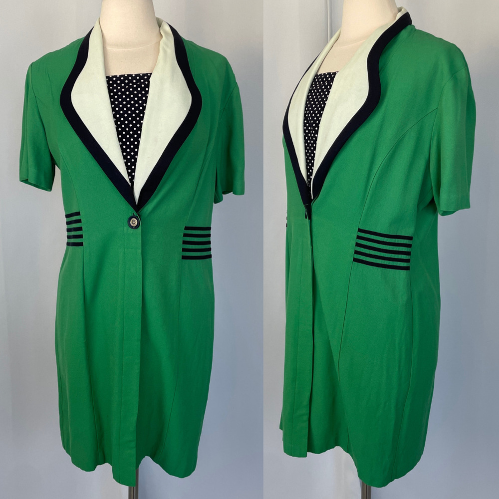 Vtg 80s Coat Dress Size Large Green Contrast Collar Office Secretary Retro